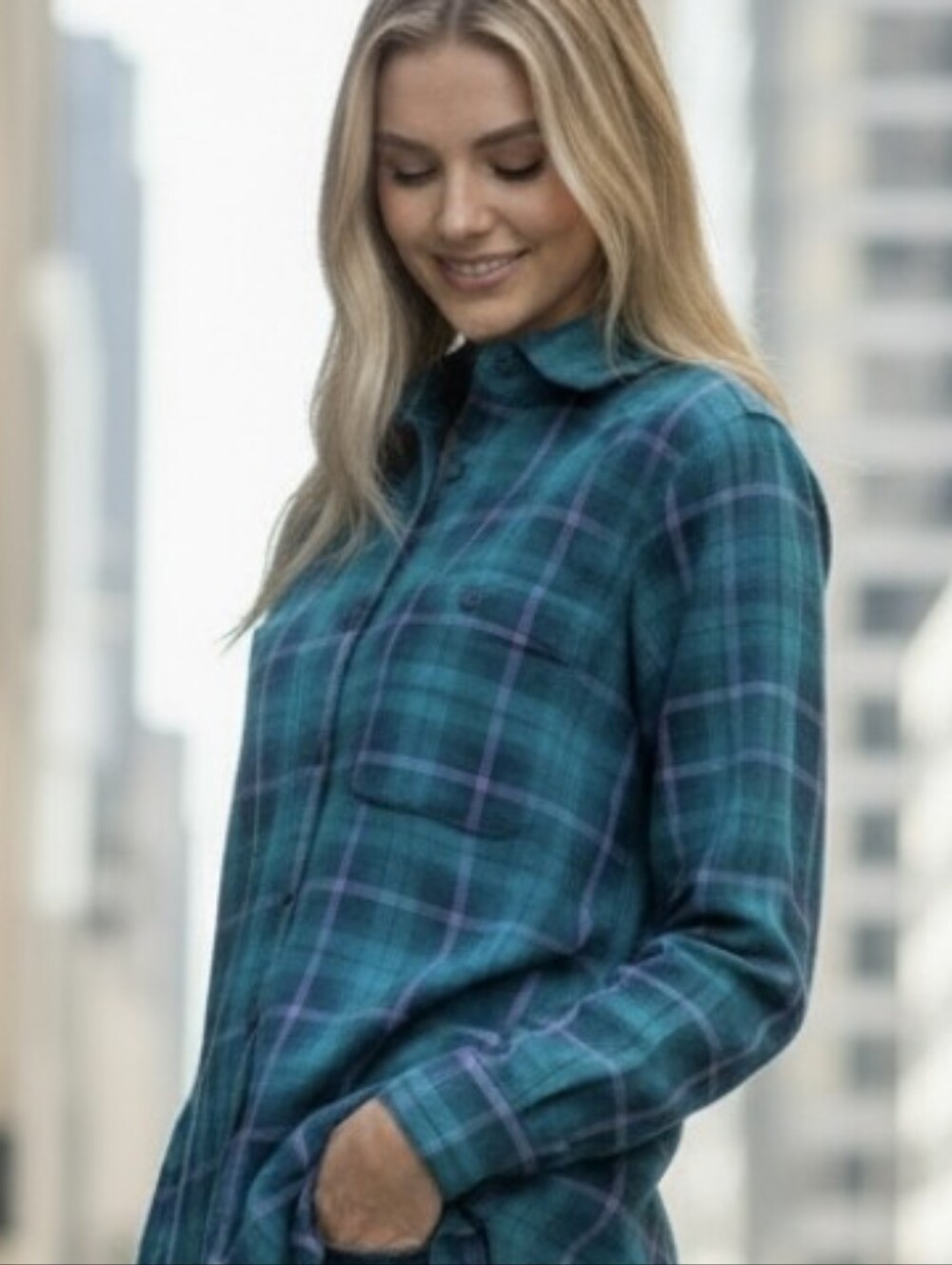 St. John's Bay Teal Plaid Flannel Button-Down Shirt- Lg